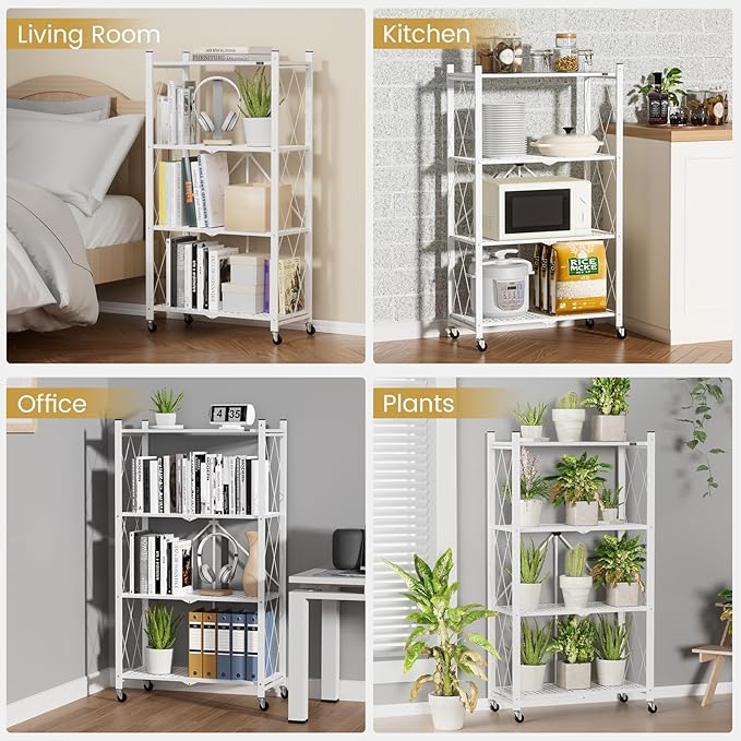 ALANNG Heavy Duty 4-Tier Folding Shelf with Wheels, No Tools Assembly Metal Storage Rack Cart, 264LBS Capacity for Kitchen, Pantry, Laundry Room, Garage, (White, 2PACK)
