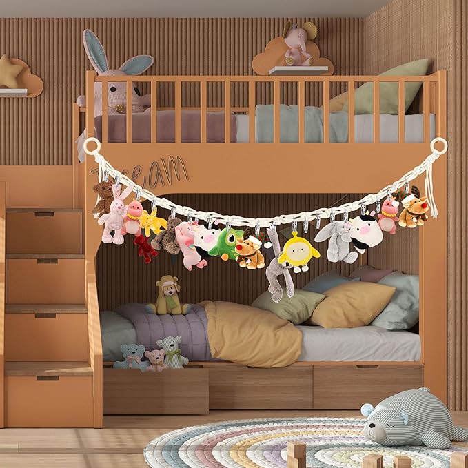 3PCS Hanging Stuffed Animal Storage - Boho Stuffed Animal Hammock Corner for Room Decor, Macrame Stuff Animal Organizer with 60 Metal Clips for Plushies Storage