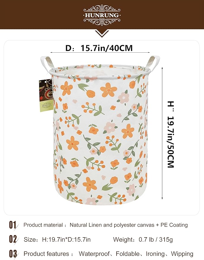 HUNRUNG Laundry Hamper,Large Canvas Fabric Lightweight Storage Basket Toy Organizer Dirty Clothes Collapsible Waterproof for College Dorms（Round-Orange Flower）
