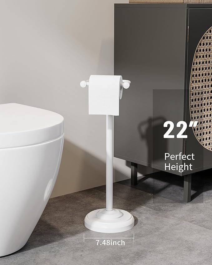 WZKALY Toilet Paper Holder Stand, White Toilet Paper Holder Free Standing, Post Pivoting Design & Stable Weighted Base SUS304 Stainless Steel for Bathroom (Mega Roll)