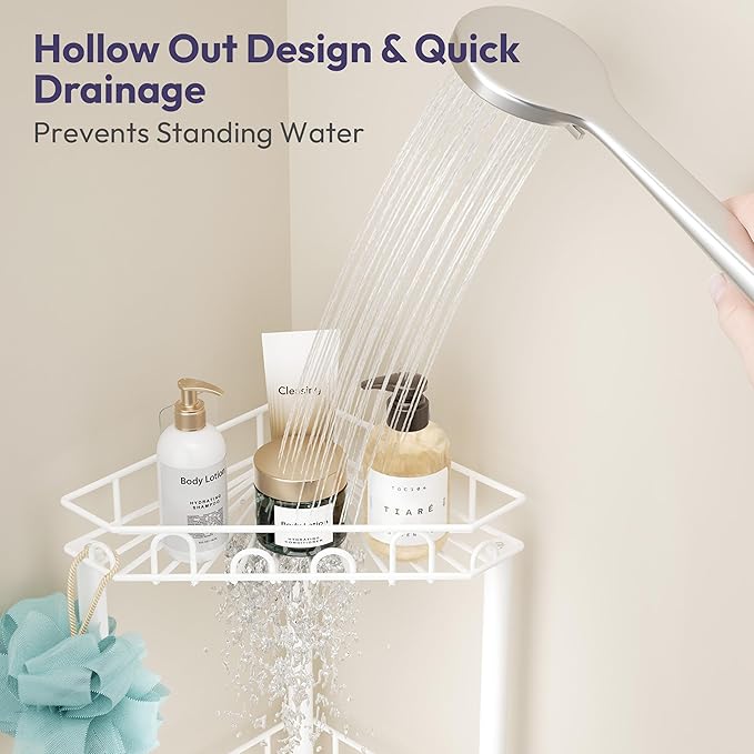 SWTYMIKI Standing Shower Caddy Corner - 4‑Tier Stainless Steel Shower Organizer Shelf with 16 Hooks and Adhesive Pads, Rustproof Corner Shelves Stand Rack for Bathroom Shower Room, white