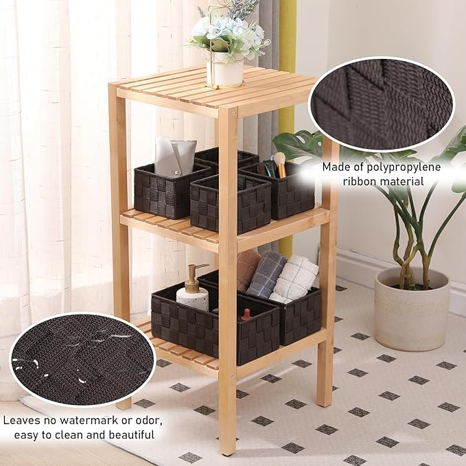 Storage Bins Woven Organizer with Lids Set of 8 – Polypropylene Storage Baskets with Metal Frame, Stackable Fabric Boxes for Drawers, Closet, Shelf, Nursery and Office, Brown