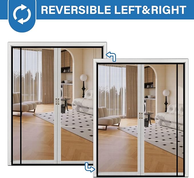 Magnetic Screen Door Left Right Side Opening Upgraded PET Mesh Greater Than Fiberglass and Polyester,Keep Bugs Out,Pet & Kid Friendly,Suitable for Sliding Doors,Patio French Doors-60" X 96"