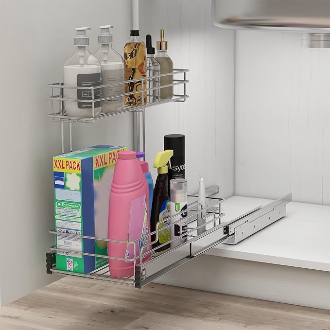 STORKING Under Sink Organizer 9" W X17 D, Pull Out Cabinet Organizer 2 Tier, Under Sink Slide Out Chrome Plated, Under Kitchen Bathroom Organizer, Pantry Cabinet Closet Organization Rack, 1 Pack