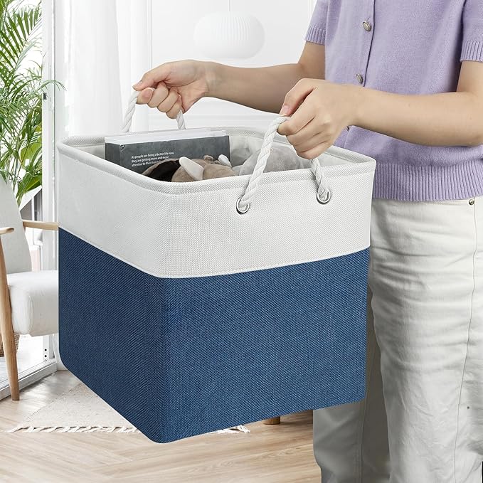 13x13 Storage Cube Bins 4Pack,Collapsible Cube Storage Organizer for Closet, Fabric Storage Box w/ Rope Handles, Foldable Storage Baskets for Shelves, Clothes,Closet Organization - White/Blue