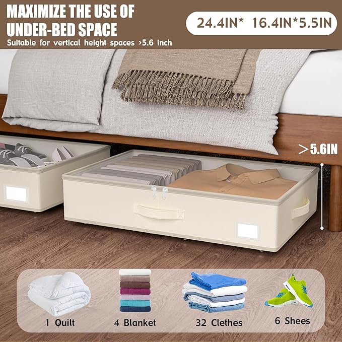 EE-RoomWorld Under Bed Storage with Wheels, No Assemble Required 5.5 inches height beige under bed storage bins,Low Profile Rolling Underbed Shoe Storage containers，dorm underbed storage drawers