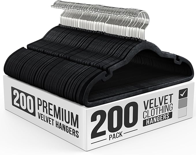 200 Pack Velvet Hanger for Shirt Pants Dresses Skirts Suits Jackets - Slim Space Saving Design - Standard Coat Hanger - Sturdy & Durable Design with Shoulder Grooves Hook