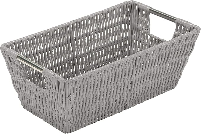 Simplify 11"x6.5"x4.5" Small Shelf Storage Woven Basket with Handles, Nursery, Playroom, Toys, Bedroom, Closet, Clothes, Office, Decorative Rattan Totes, Grey
