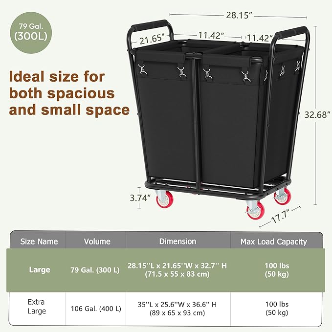 Hoctieon 2 Section Laundry Sorter Cart, 300L Rolling Hamper with Wheels, Industrial Laundry Basket Organizer, Large Dirty Clothes Hamper for Home & Hotel, Heavy Duty, Black