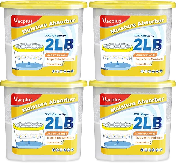 Vacplus Moisture Absorber Buckets – Large Capacity Dehumidifier and Humidity Absorber for Closet, Basement, Bathroom, RV, and Storage Areas, Osmanthus, 2 lbs, 4 Pack