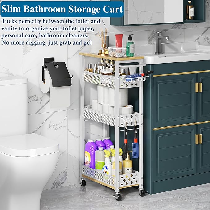 Rolling Slim Storage Cart, 4-Tier Narrow Bathroom Laundry Room Organization Cart, Metal Kitchen Storage Mobile Shelf Unit Organizer with Wood Top, Slim Utility Cart with Wheels for Small Space