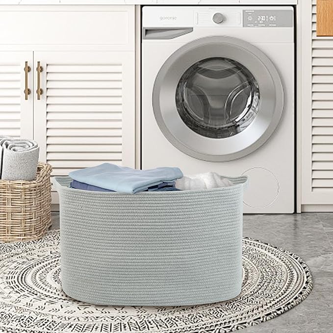 Extra Large Rectangle Storage Basket, 23.6" x 17" x 12" Gray Blanket Storage for Living Room, Large Soft Woven Cotton Rope Bin for Organizing, Kids Dog Wicker Toy Box Organizer