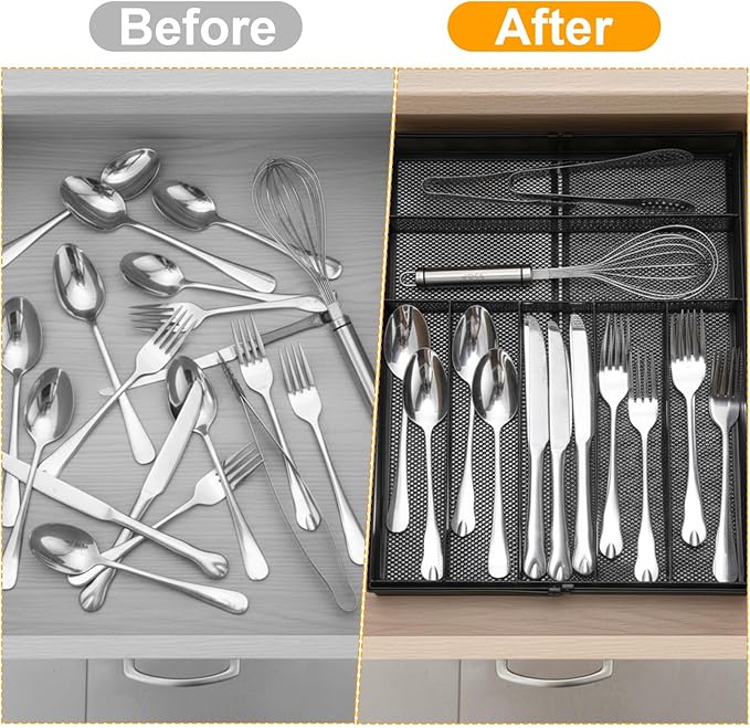 1 Pcs Utensil Drawer Silverware Organizer, Metal Mesh Expandable 13" ~24" Kitchen Drawer Organizer, 7-9 Slots Cutlery Tray Dividers for Kitchen Flatware Christmas Housewarming Gift (Black)