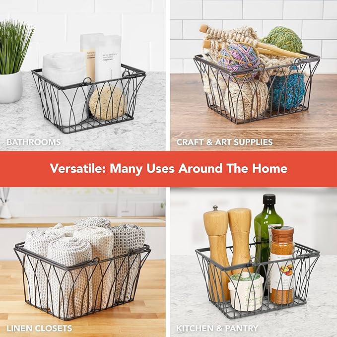 Spectrum Black Wire Basket with Handle Organizer for Kitchen Bathroom Closet Cabinet Storage, Sturdy Farmhouse Twist Wire Metal Pantry Basket with Handles for Home Decor Organization or Gift Basket