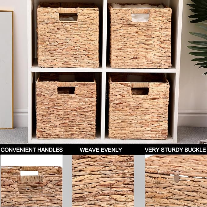 11x11in Storage Baskets Set of 4 Water Hyacinth Baskets,Foldable Wicker Storage Cubes, Baskets for Bathroom, Bedroom, Laundry, Pantry, Shelves