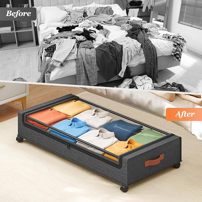 Yecaye 70L Under Bed Storage with Wheels, 3 Pack Larger Capacity Under Bed Storage Containers, Underbed Shoe Storage Organizer, Rolling Under Bed Metal Drawers for Clothes, Blankets, Hemp Grey
