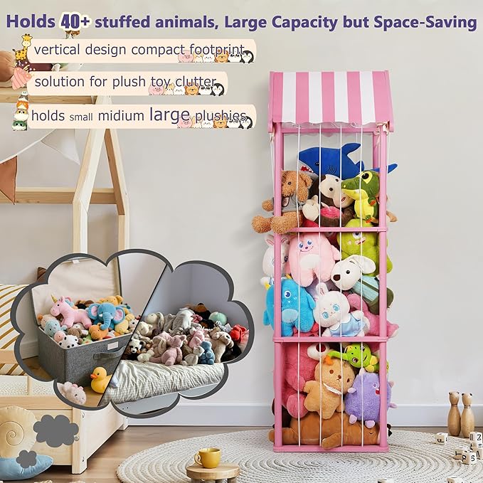 Stuffed Animal Storage, Space Saving Vertical Stuffed Animal Holder Wood, Easy Assembly Cottage-Style Plush Toys Organizer for Kids Bedroom & Playroom (Pink, Large)