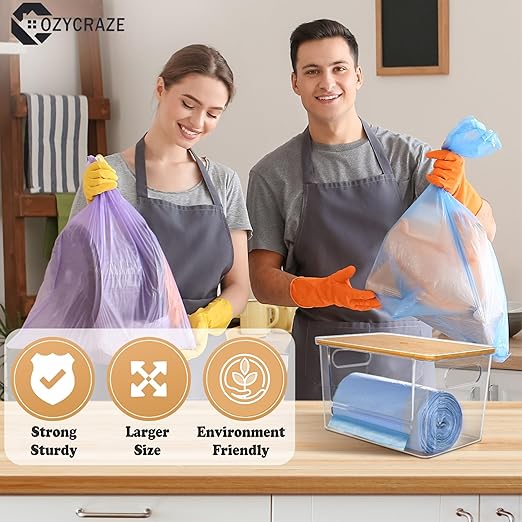 Stackable Trash Bag Dispenser with Wooden Top for Large Rolls – Extra-Large Garbage Bag Holder with Anti-Slip Base, Trash bag Dispenser Under Sink for Kitchen & Pantry Organization (11.5x7.5x7 inches)