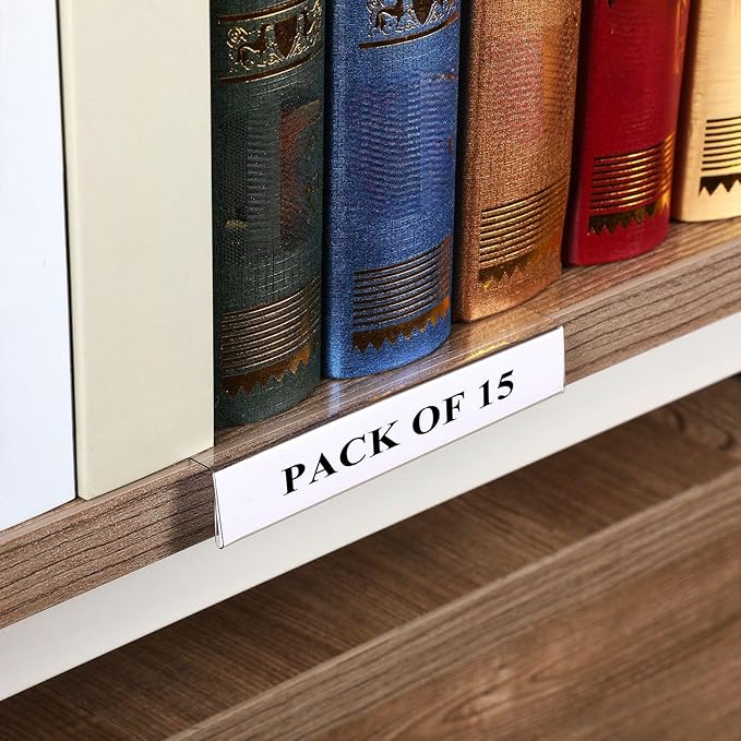 Containlol 15 Pieces Moveable Shelf Label Holders Clear Shelves Tags Moveable Library Markers Transparent Shelf Label Display Holder for Classroom Office Library Book Shelves (5.1 x 0.8 Inch)