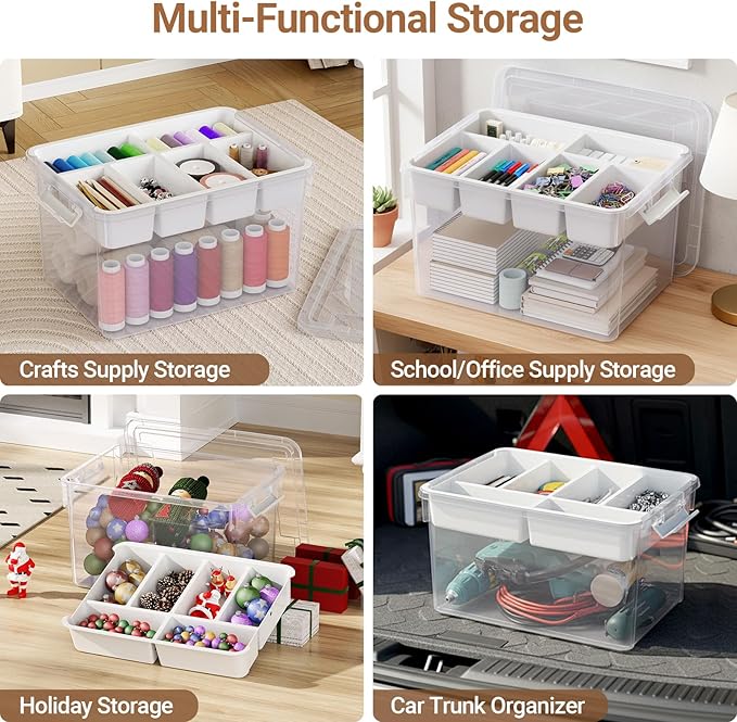 HOMETUK 40Qt Large Stackable Storage Bin with Lid & Tray, Clear Plastic Latching Box Organizer with Divider Portable 10Gal Container for Arts & Crafts, Home and Car Trunk Organization, 1Pack