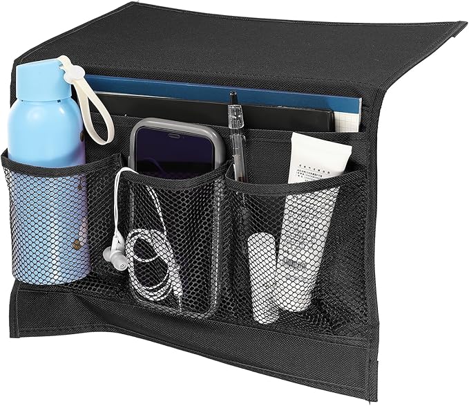 PATIKIL Bedside Caddy, Bed Caddy Bedside Organizer Bed Hanging Caddy 4 Pockets Bed Pockets Bedside Storage Hanging Storage Bag for Remote Control Bedroom Phones Glasses, Black