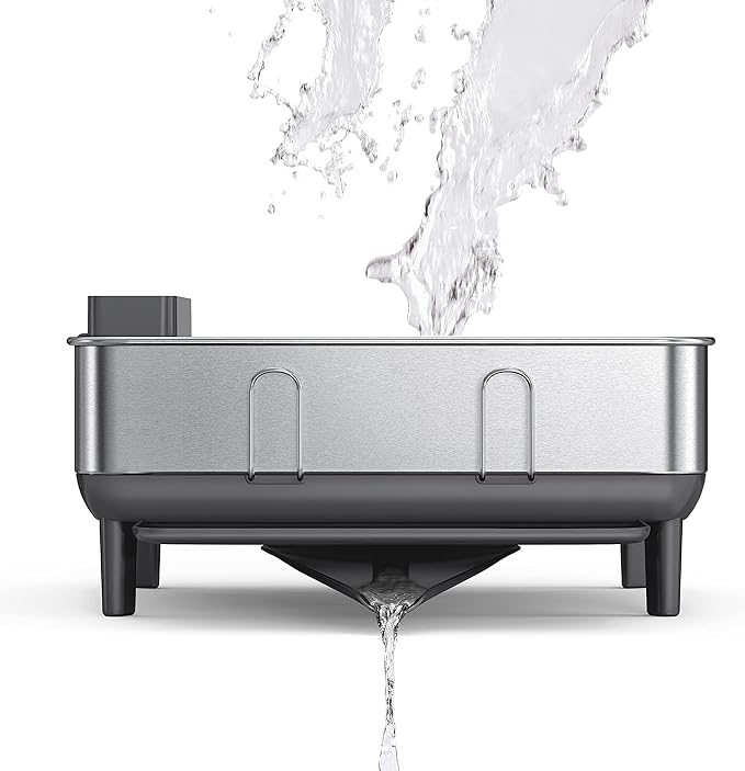 simplehuman Compact Dish Drying Rack with Stainless Steel Frame, 360º Easy Drain Swivel Spout, Utensil Holder, Anti-Residue Coating, Moisture Control Surface, Grey