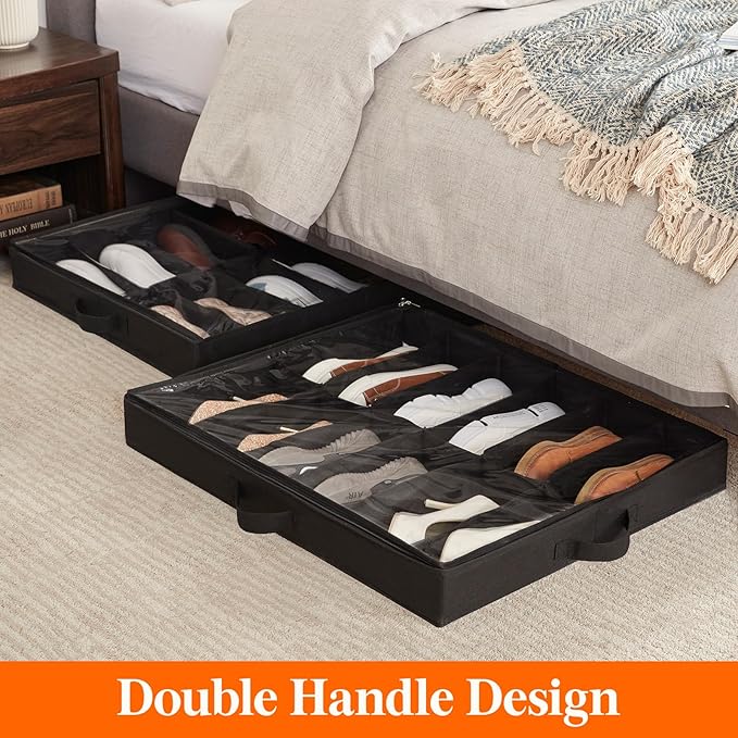 Lifewit Under Bed Shoe Storage Organizer 4 Pack(2x12 Pairs+2x4 Pairs), 4.3" Tall Fabric Shoes Container Box, Foldable Closet Shoe Bag with 2 Reinforced Handles and Clear Cover, Black