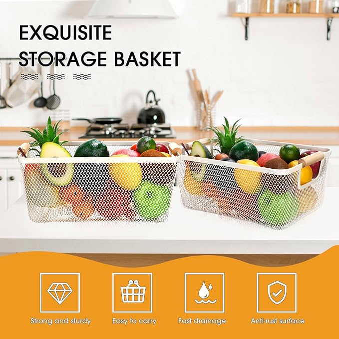 4 Pcs Metal Wire Basket with Wooden Handles Mesh Steel Storage Organizer Bin Containers for Home Organizing Cabinet Pantry Closet Kitchen Fridge Fruit Makeup Snacks Gifts(Medium,Cream White)