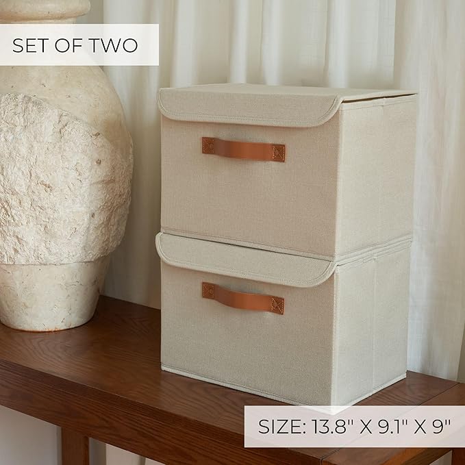 ZICOTO Decorative Linen Storage Boxes with Lids - Large Set of 2 Organizer Bins for Your Home Decor - The Perfect Container to Safely Store Photos, Documents and Memory Box Keepsakes in Style