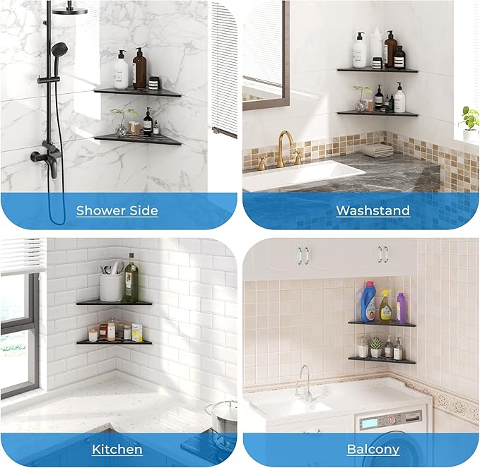 FerdY 2-Pack 10" Matte Black Recessed Corner Shower Shelf, for Tiled Bathroom Walls, 304 Stainless Steel Floating Shower Shelf, Shower Caddy Storage Shelves, No Drilling Required, Striped Triangle