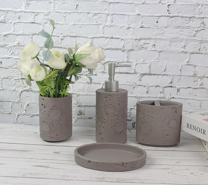 Hymmah Meteorites Bathroom Accessories Set,Farmhouse Bathroom Decor,4 Pcs Resin Gift Set Apartment Necessities, Contain Cotton Swab Jar,Soap Dispenser,Tumbler，Soap Dish/Tray