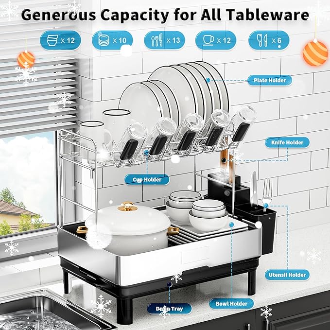 Dish Drying Rack, 2 Tier Large Dish Rack, Stainless Steel Dish Drainer for Kitchen Counter, Dishes Rack with Automatic Drainage, Utensil Holder,Cups Holder,Space Saving Kitchen Organizer,Black