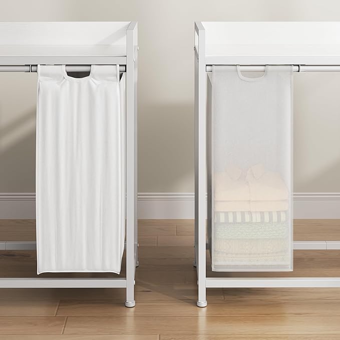 Laundry Hampers with Shelf, Laundry Basket 3 Section, Laundry Sorter with Pull-Out Removable Large 3 Color Bags and Movable Wheels, Metal Frame, 3 x 15.87 Gallons (60L), White PF04XLE