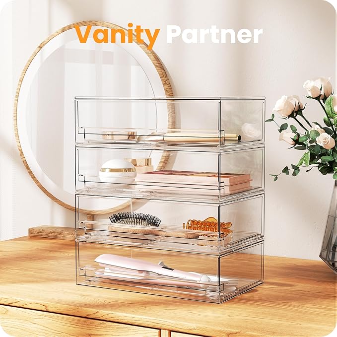 A-LuGei 【𝟰𝗣𝗖𝗦】 Acrylic Stackable Storage Drawers, 11.8" W Makeup Organizer, Bathroom Organizer and Storage, Plastic Storage Bins for Kitchen Cabinet Pantry Medicine Fridge