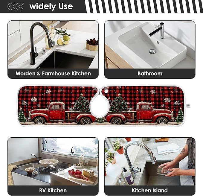 2 Pack Faucet Splash Catcher Red Truck Plaid Christmas Tree Sink Mat for Faucet Absorbent Kitchen Splash Guard Drip Catcher for Farmhouse Barthroom Bar, L