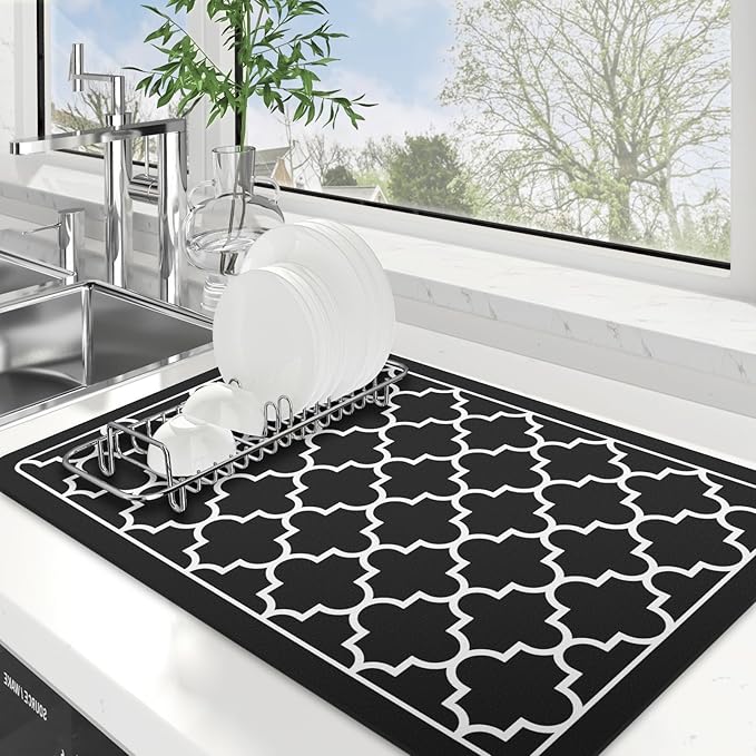 WISELIFE Dish Drying Mat Super Absorbent Drying Mat Large Dish Drying Mats for Kitchen Counter Easy Clean Dish Mat Kitchen Drying Mat16"x 24" Stylish Black