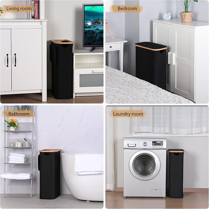 60L Slim Laundry Hamper, Narrow Laundry Basket with Lid,Foldable Clothes Hamper with Bamboo Handles,Hamper Basket with Removable Inner Bag for Laundry Room Bedroom College Dorm,Black