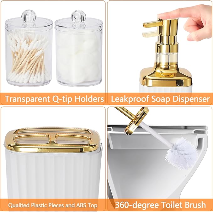 Bathroom Accessories Set,9 Piece White Bathroom Sets Complete with Toothbrush Holder, Trash Can, Lotion Soap Dispenser, Toothbrush Cup, Vanity Tray, Soap Dish, Toilet Brush, Qtip Holder for New Home