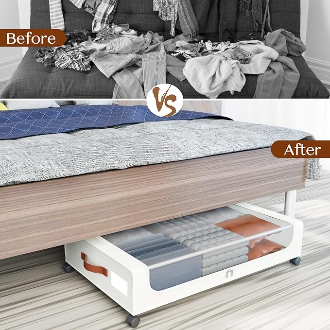 Under Bed Storage with Wheels, UnderBed Storage Containers with Clear Lid and Handles, XXL 60L Under the Bed Storage Bins Drawers for Clothes,Blankets,Shoes,Books (WHITE, 2 PACK)