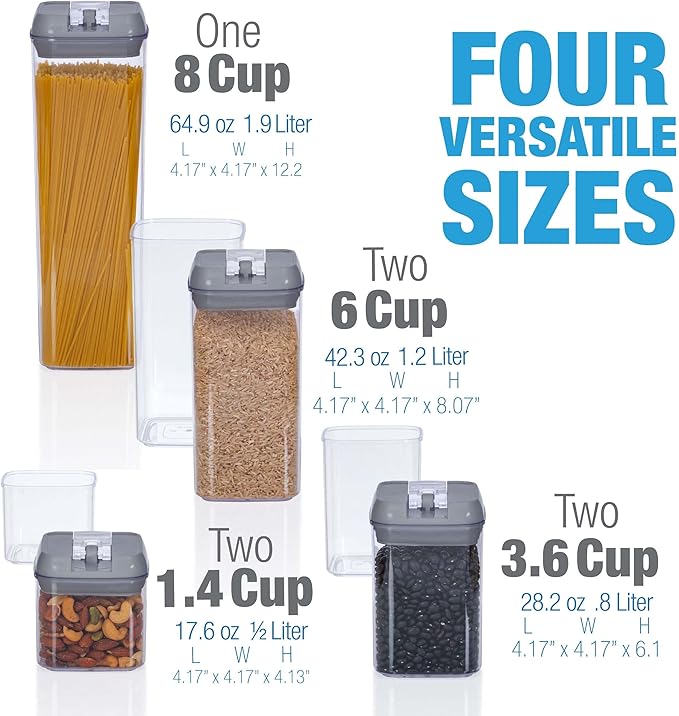 Set of 7 Airtight Food Storage Containers - Pantry Organizer Bins, BPA Free Plastic Containers plus Dry Erase Marker and Labels, Gray