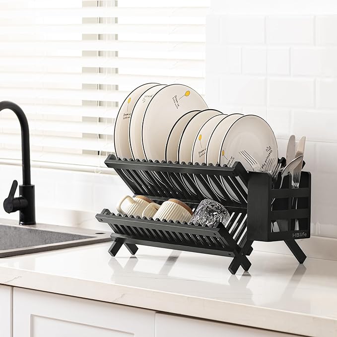 HBlife Dish Rack, Black Bamboo Folding 2-Tier Collapsible Drainer Dish Drying Rack with Utensils Flatware Holder Set (Dish Rack with Utensil Holder)