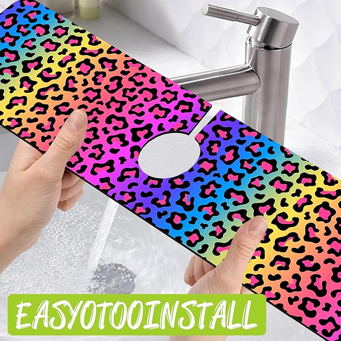 Sink Faucet Absorbing Mat Rainbow Colored Leopard Print Sink Splash Guard Drying Mat for Kitchen Bathroom Faucet Sinkmat 23.5"X5.5"