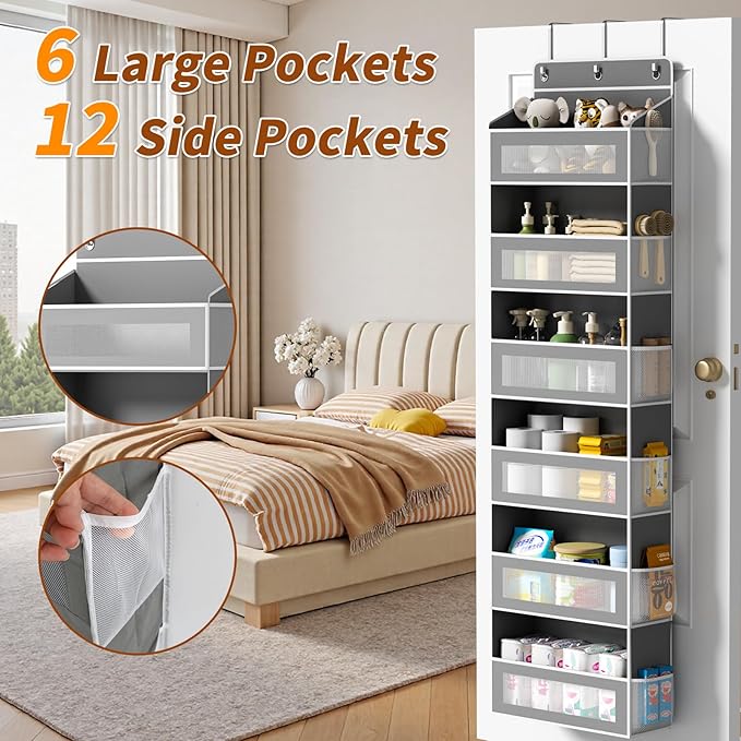 Over The Door Organizer with 6 Large Pockets, Over the Door Storage 12 Side Pockets, Hanging Door Organzier 44 lb Load Behind Door Storage Hanging Shelf for Closet Wall Bathroom Nursery, 6-Tier Grey