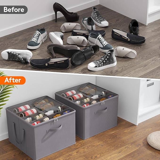 Lifewit Shoe Storage Organizer for Closet, Fabric Large Shoe Box Storage Containers with Clear Cover, Foldable Bins for Boots Heels Sneakers Fits 48-64 Pairs (Each 12-16 Pairs) 4 Pack Gray