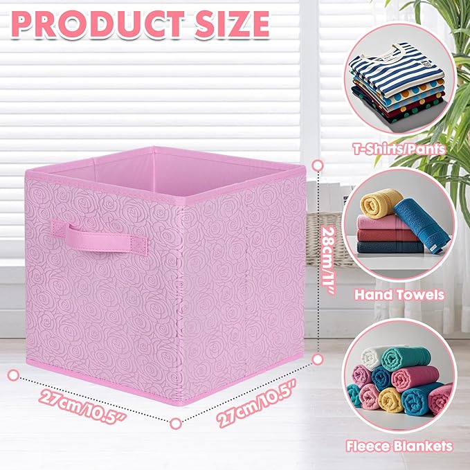 ShellKingdom Storage Bins, Foldable Fabric Storage Cubes with 3D Embossed Rose Pattern, Cloth Organizer Drawer For Closet And Toys, 10.5 X 10.5 X 11 inch, 2 Pack (Pink)