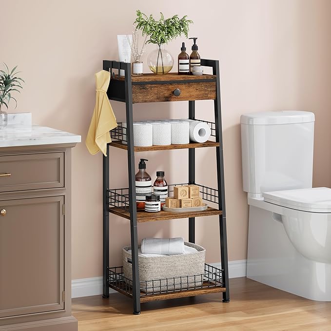 4-Tier Ladder Shelf with Drawer, Bathroom Table Stand for Small Space, Bathroom Standing Shelves with Storage for Living Room Bedroom Kitchen, Organizer Shelf, Rustic Brown