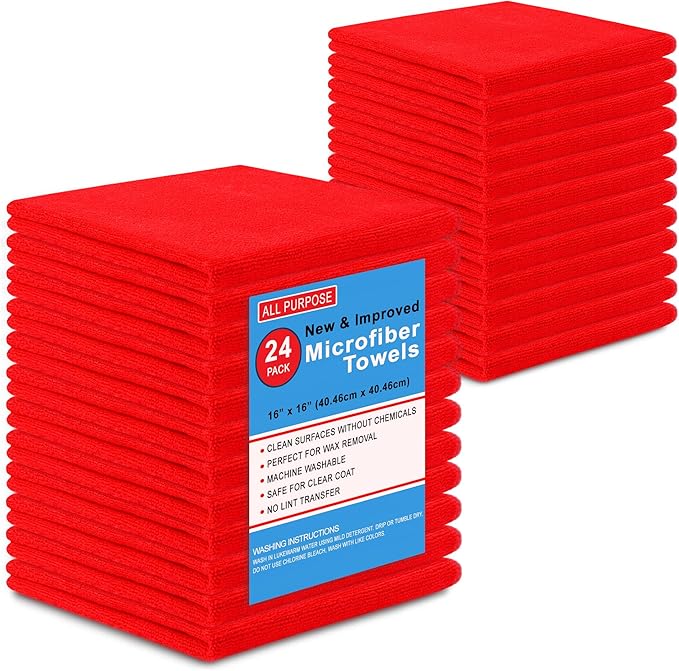 Blue Horizon Microfiber Cleaning Towels, Pack of 24, Ultra Soft Plush Washcloth, All Purpose Premium Microfiber Detailing Cleaning Cloths Reusable Shop Towels (16" x 16", Red)