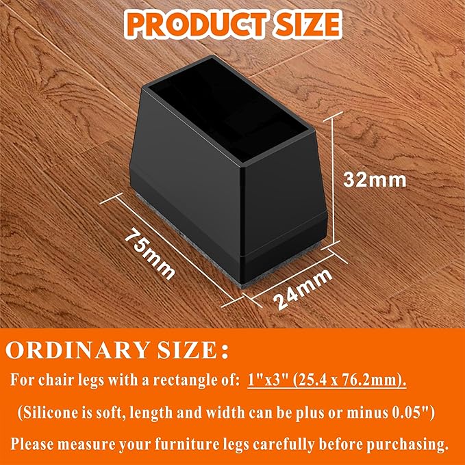 Rectangle Chair Leg Protectors for Hardwood Floors,16 PCS Silicone Covers to Protect Wood Tile Floors Felt Pads Furniture Leg Caps Reduce Noise. Easy to Move. (Black,1 x 3 Inch,Rectangular)