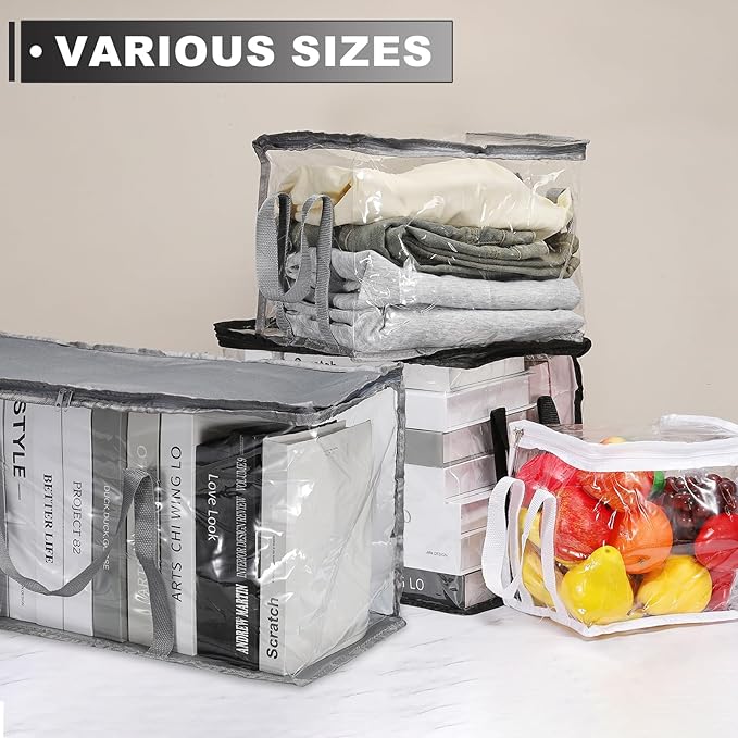 PATIKIL 15x9.5x12.6in Clear Storage Bags, Plastic Storage Bags Clear Small Zippered Organizers Foldable Closet Bed Sheet Organizer Cube with Zipper Handles for Book Clothes Yarn,L, Black