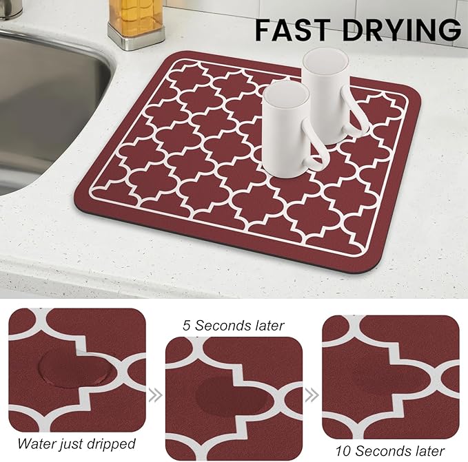 WISELIFE Dish Drying Mat Super Absorbent Drying Mat Large Dish Drying Mats for Kitchen Counter Easy Clean Dish Mat Kitchen Drying Mat15"x 18" Stylish Red